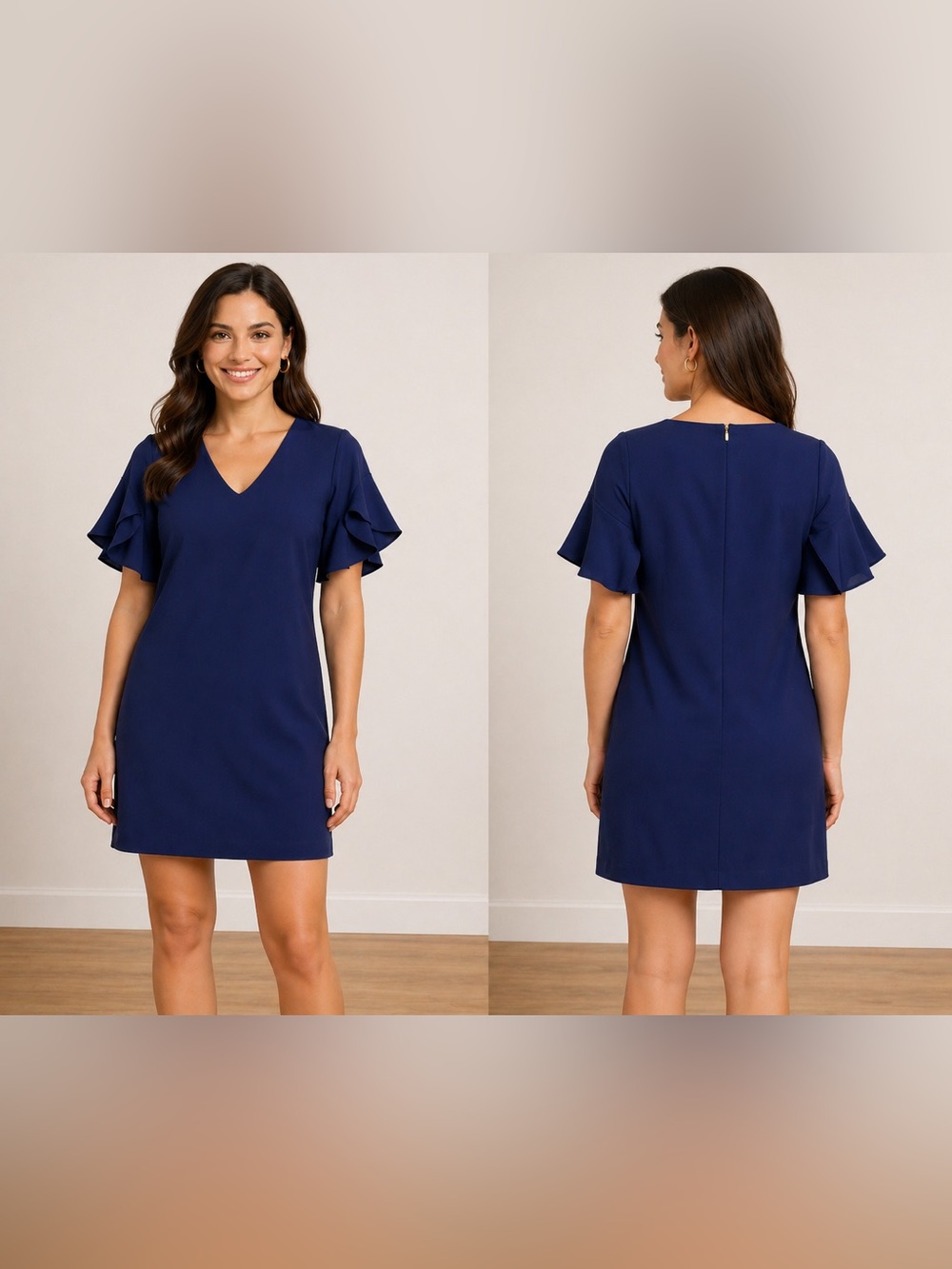 Trina Turk Navy Blue V Neck Flutter Sleeve‎ Shift Dress Size 4 NEW